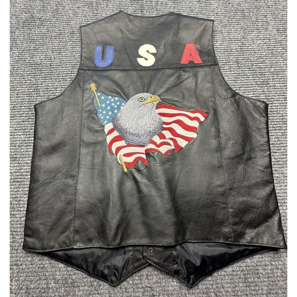 Leather‎ World Leather Vest Mens Medium Black USA Eagle Flag Biker Western New